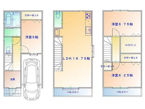 【参考プラン図】16帖超の2階LDKは3面採光で開放的な空間。洋室は振り分けタイプのため、ライフスタイルにあわせて多用途に活用できます。(建物価格1770万円、建物面積100m2〈ガレージ含む〉)