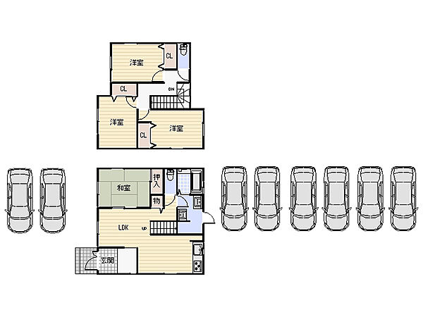 【居住用住居間取図】和室を含む「4LDK」の住まい。ご家族のコミュニケーションが弾む、リビング階段が採用されています。随所に設けられた豊富な収納も魅力◎