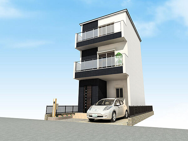 【外観イメージパース】縦の空間を有効活用した、明るく開放的な住まい。外壁や内装の壁紙など、お好みに合わせて選択可能です。(建物価格1530万円、建物面積86m2※ガレージ含む)