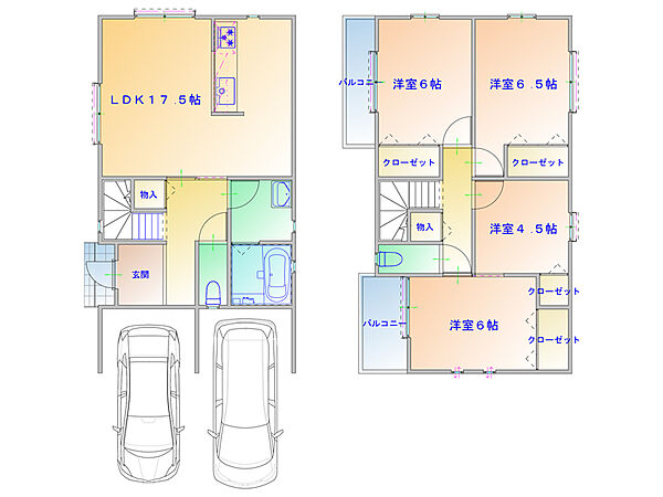【プラン図】2階建て4LDKの住まい。対面式キッチンを採用した約17.5帖LDK。2階に4部屋を確保しています。カースペース2台分設けた間取りです。(建物価格1770万円、建物面積100m2)
