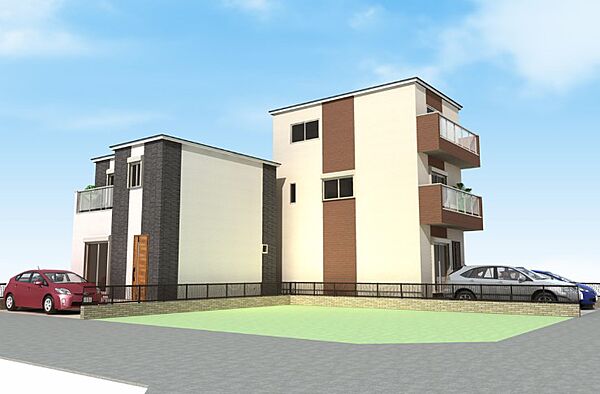 【外観イメージパース】青空に映える明るい外観が印象的◎JR阪和線「信太山」駅まで徒歩10分。自由設計×オールオーダーシステム対応の新築一戸建用売土地です。(建物面積100m2、建物価格1770万円)