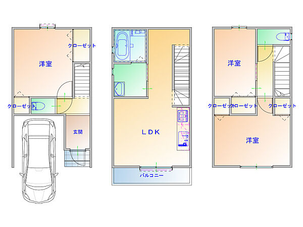 【プラン図】3階建「3LDK」のプラン例。LDKはプライバシー性の高い2階に配置。水回りが集約された、家事動線良好な間取り設計です。(建物価格1670万円、建物面積93m2ガレージ・バルコニー含む)