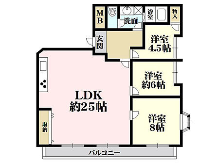 【間取図】LDK・約8帖の洋室が南西バルコニーに面するなど、全居室に窓が設けられた角住戸。玄関のそばに洗面化粧室があるので、帰宅後すぐに手洗いができて衛生的です。