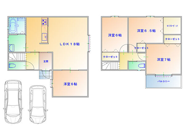 【参考プラン図】約18帖のLDKには約6帖の洋室が隣接しており、リビングとの一体利用が可能。水回りを集約した家事動線良好な間取りで、効率化が図れます。(建物価格1770万円、建物面積100m2)