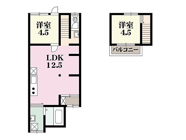 【間取り図】LDKと洋室2部屋が配置された木造2階建て「2LDK」。キッチンと洗面所が隣接しており、家事動線良好です。2階洋室は独立性が高く、寝室や書斎など、ライフスタイルに合わせて活用できます。
