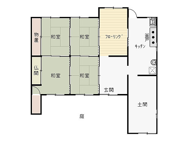 【上物間取図】かまど付きのキッチンや広々とした土間を備えた、和の趣を感じる住まいです。4部屋の和室は引き戸を開放することで一体利用が可能。多用途に活用できる庭スペース付きです。