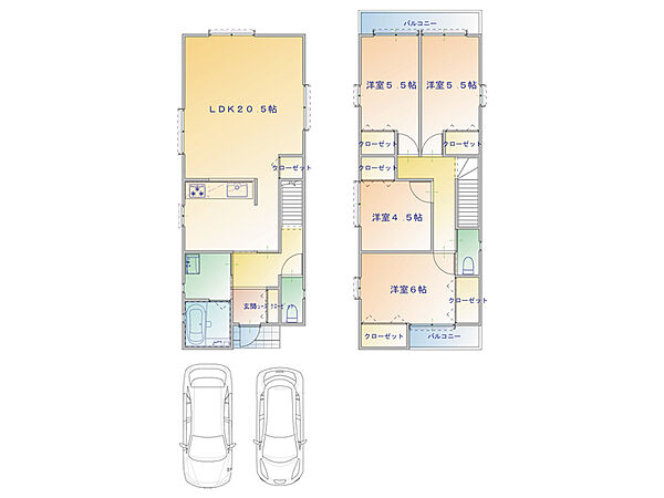 【プラン図】2階建「4LDK」のプラン。LDKは広々20帖超。水廻りを1階に集約し、家事動線にも配慮しました。全居室収納付きのため、住空間の有効活用が可能。(建物価格1770万円、建物面積100m2)