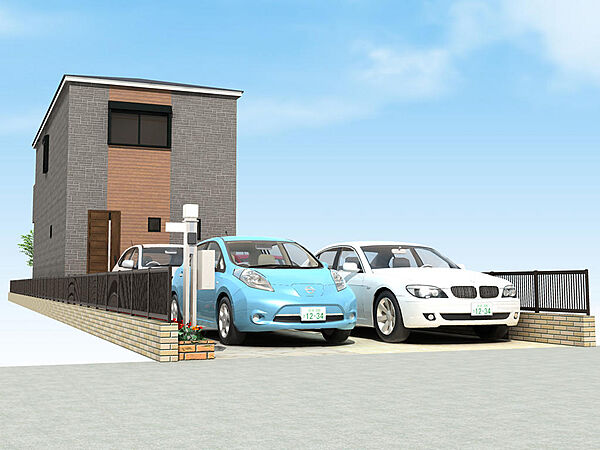 【外観イメージパース】ご参考として、2階建て4LDKの建物プラン例をご用意しております。4台分の駐車スペースを確保しています(車種による)。(建物価格1770万円、建物面積100m2)