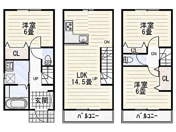 【プラン図】LDKは約14.5帖。家族の会話が弾む対面式キッチンやリビング階段を採用しています。各洋室約6.0帖の広さと収納があり、住空間を広々使えます。(建物面積79m2、建物価格1310万円)