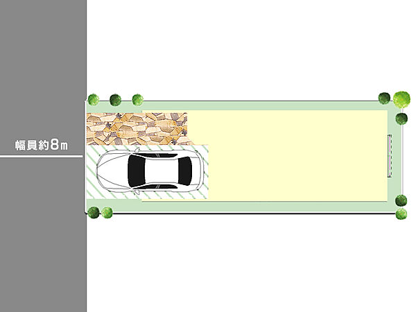【区画図】61.13m2(約18.49坪)。前面道路の幅員は約8.0m。車同士のすれ違いも、比較的スムーズに行えそうです。周辺は平坦地のため、自転車や徒歩での移動もスムーズです。
