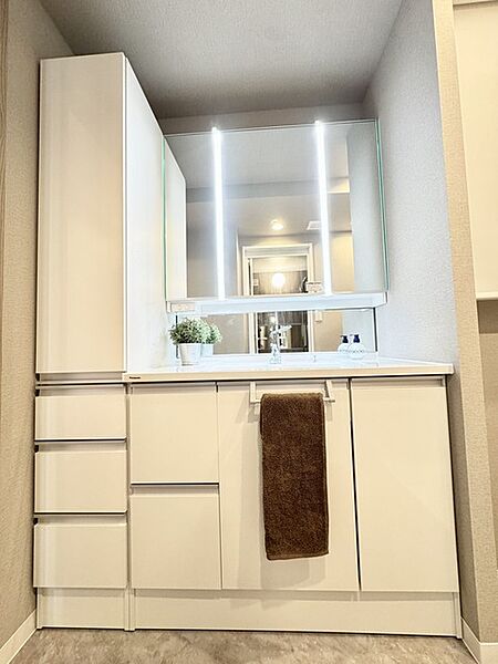 朝の身支度に便利なシャンプードレッサーはとっても便利です！シンク下の収納でアメニティ類のストックもバッチリ！