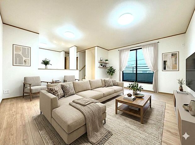 家族が集いやすいゆとりを確保し、おしゃべりやコミュニケーションがとりやすいレイアウトを考えた、居心地のよいリビングです。 ※家具はイメージです。