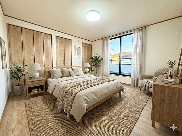 大容量の収納がある寝室。広々としたスペースでご家族の主寝室として、趣味のスペースなど多目的な用途に使用することができます！ ※家具はイメージです。