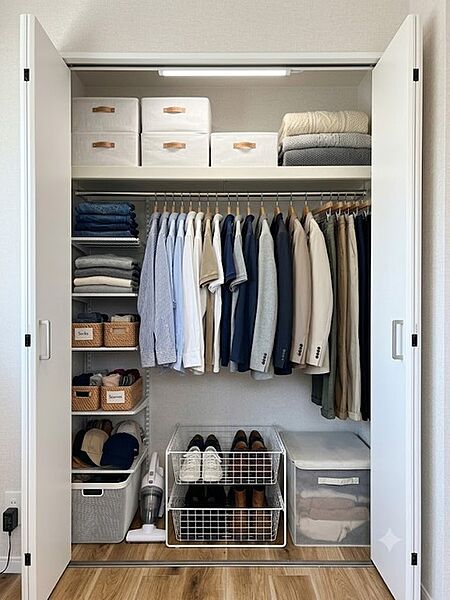 たくさんのお洋服やバッグを見やすく・取り出しやすく、慌ただしい朝もコーディネートを決めやすくなります。スーツケース等の大きな荷物の保管にも便利です。 ※家具はイメージです