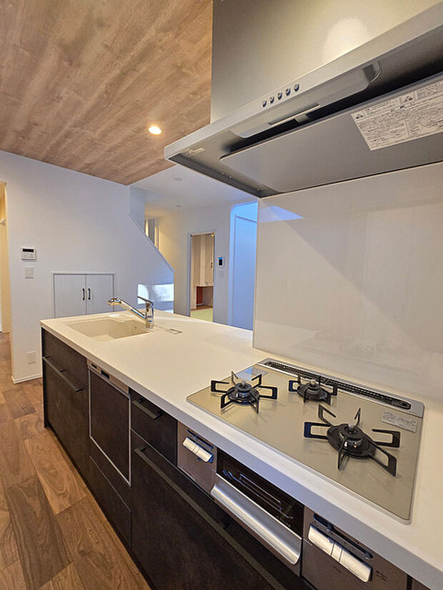 キッチンでも開放感あり！ 食器洗い乾燥機や浄水器一体型シャワー水栓などを搭載した、対面キッチンはご家族との会話を楽しみながら、お子様の様子を見守りながらお料理できる人気のスタイルです！  