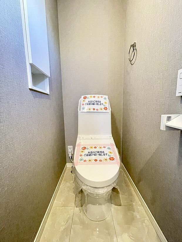 壁には埋め込み式の収納があります! トイレットペーパー等のストックに便利です!