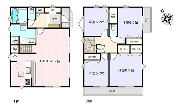 主寝室約8帖のゆとりある4LDK。家族団欒の場である広々20帖超のLDKは東南、南西の二面採光で明るい陽射しが射し込みます。