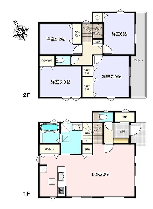 LDK約20帖。パントリーやシューズインクローゼットを兼ね備えた4LDK。