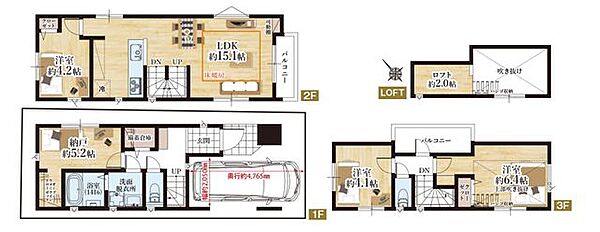 【参考プラン】建物面積：94.87m2（うち1F車庫面積8.74m2、備蓄倉庫1.41m2含む）、建物価格：2190万円(税込)