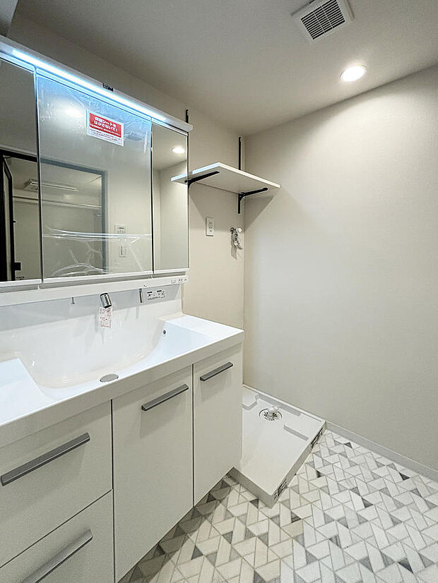 三面鏡の独立洗面台　　　　　収納スペースが多く、整理に困る洗面スペースもスッキリ