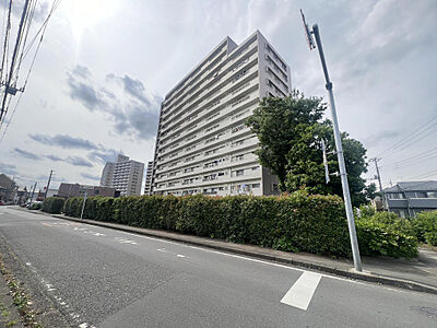外観：青空に映えるスタイリッシュな外観。豊かな生垣が前面道路からのプライバシーを守ります。