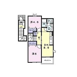 プール・トゥジュールC 2階2DKの間取り