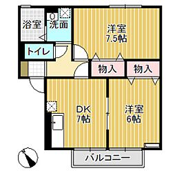 リエゾン D棟 2階2DKの間取り