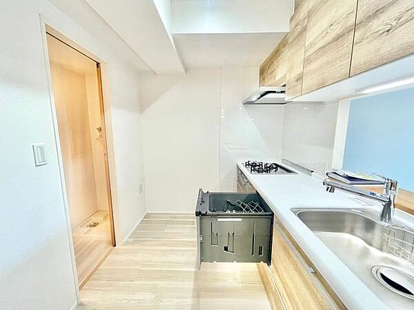 キッチン背面には洗面台に繋がる引戸があり、水回りの家事がラクラクな間取りです。