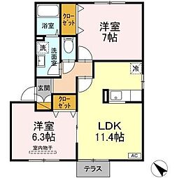 グレイス浜野Ｄ 1階2LDKの間取り