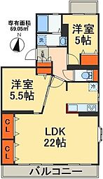 サンライズマンション 2LDKの間取図画像