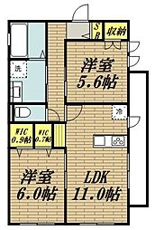 京王相模原線 多摩境駅 徒歩15分の賃貸アパート 2階2LDKの間取り