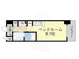 Osaka Metro長堀鶴見緑地線 谷町六丁目駅 徒歩2分の賃貸マンション 9階ワンルームの間取り