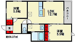 アビタシオン城戸 2LDKの間取図画像