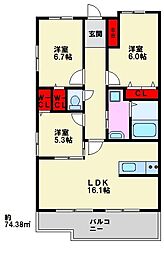 メルベーユ高宮駅前 3LDKの間取図画像
