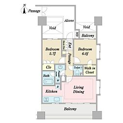 藤和シティホームズ御殿山 5階2LDKの間取り