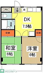 京王線 平山城址公園駅 徒歩6分の賃貸マンション 2階2DKの間取り