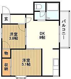 JR中央線 豊田駅 徒歩20分の賃貸アパート 2階2DKの間取り