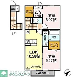 京王高尾線 めじろ台駅 徒歩10分の賃貸アパート 2階2LDKの間取り