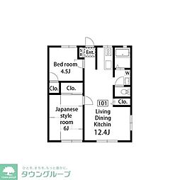 京王相模原線 南大沢駅 徒歩19分の賃貸アパート 1階2LDKの間取り
