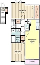 JR中央線 高尾駅 徒歩22分の賃貸アパート 2階2LDKの間取り