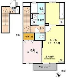 JR中央線 日野駅 徒歩7分の賃貸アパート 2階1LDKの間取り