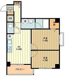 JR中央線 国立駅 徒歩1分の賃貸マンション 6階2DKの間取り
