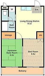 JR中央線 西八王子駅 徒歩11分の賃貸マンション 1階2DKの間取り