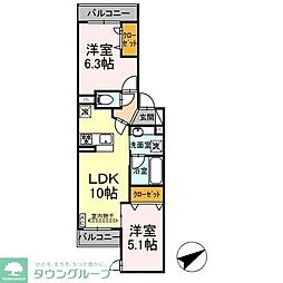 D'Bless宿河原 2LDKの間取図画像
