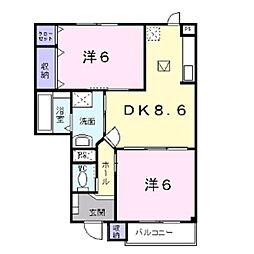 グランドステージしなのＢ 1階2DKの間取り
