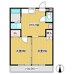 内樹マンションII 2階2DKの間取り
