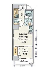 プライマル八丁堀 6階1LDKの間取り