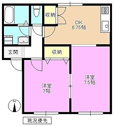 アーバンスクエア上田原B棟 2DKの間取図画像