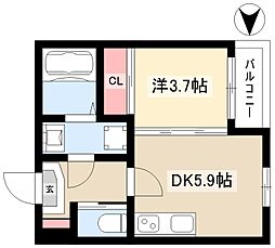 ハーモニーテラス外新町 2階1DKの間取り