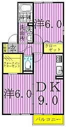 クレストパークD 1階2DKの間取り